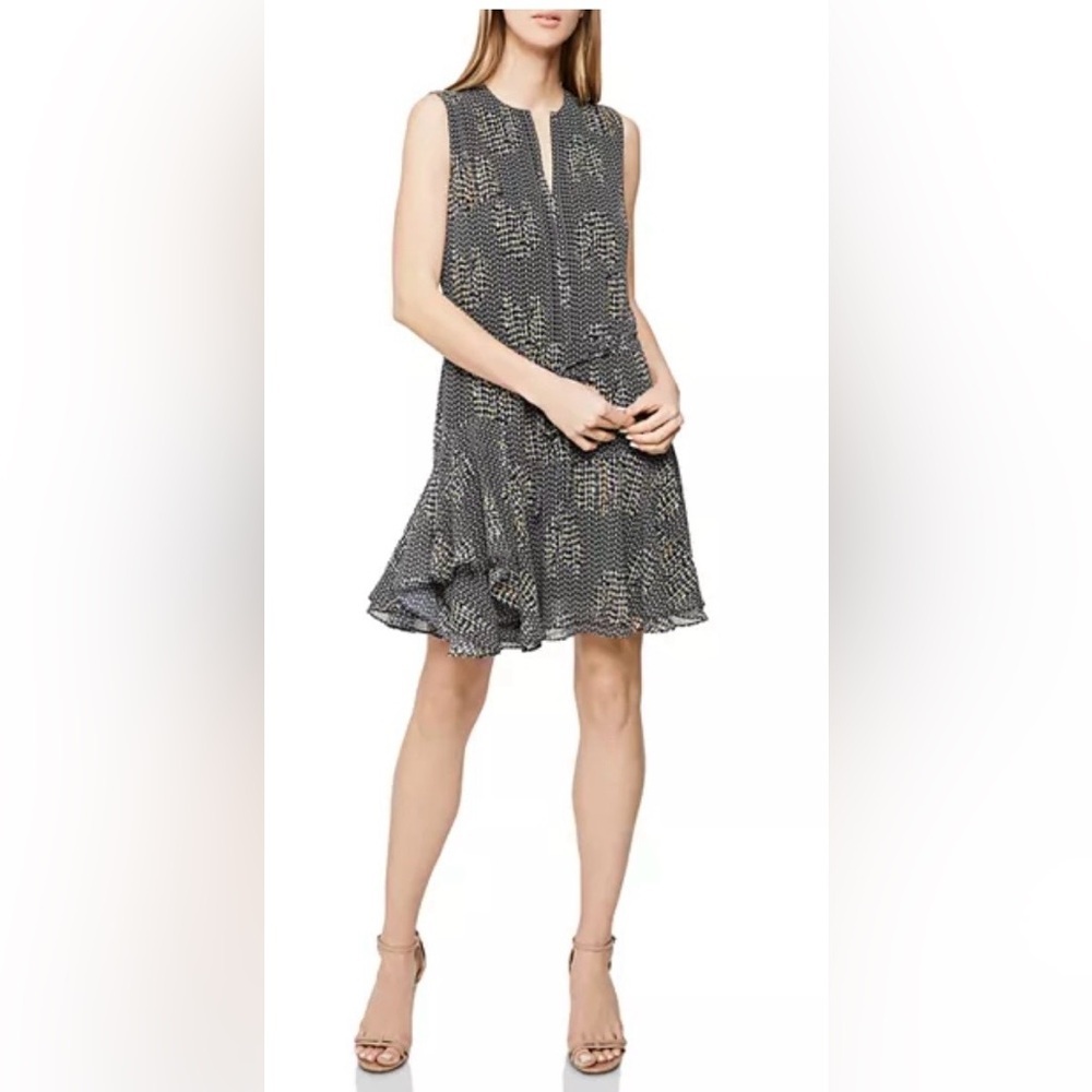 Reiss Stefania Printed Day Dress, Sleeveless Design, V-Neck, And Waist Tie. 10